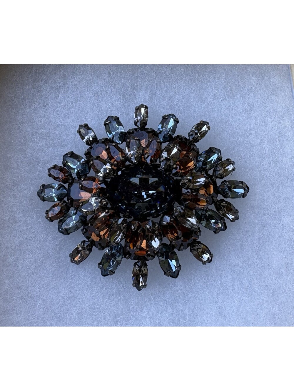 Vintage Schreiner Rhinestone Brooch Smoky Brown Gray Blue Glass